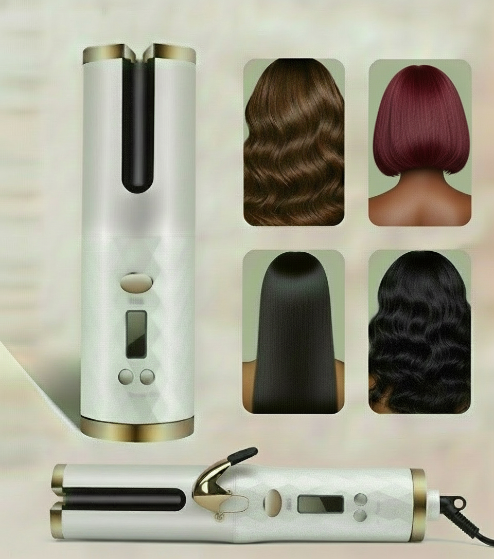 Cordless Automatic Hair Curler – Rechargeable Rotating Curling Iron with LCD Display