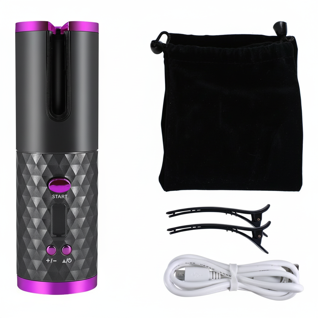 Cordless Automatic Hair Curler – Rechargeable Rotating Curling Iron with LCD Display
