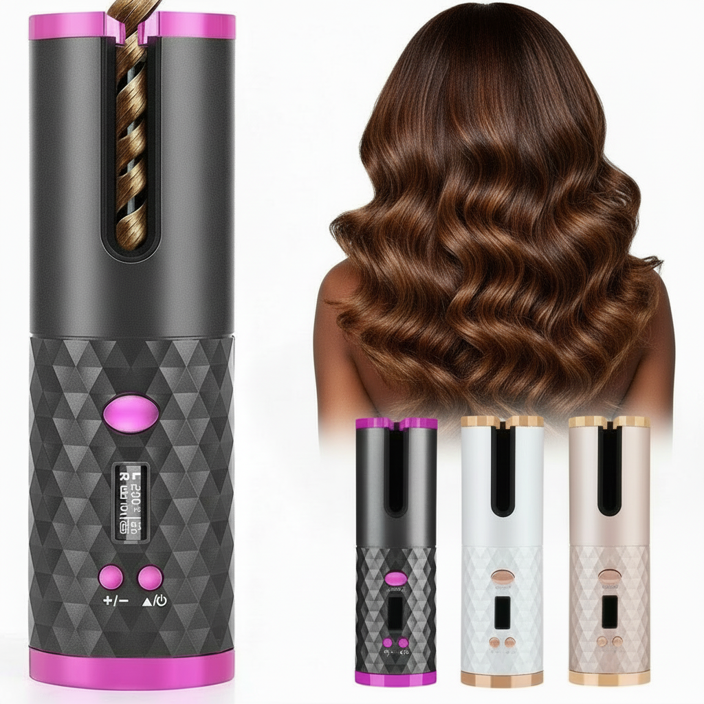 Cordless Automatic Hair Curler – Rechargeable Rotating Curling Iron with LCD Display