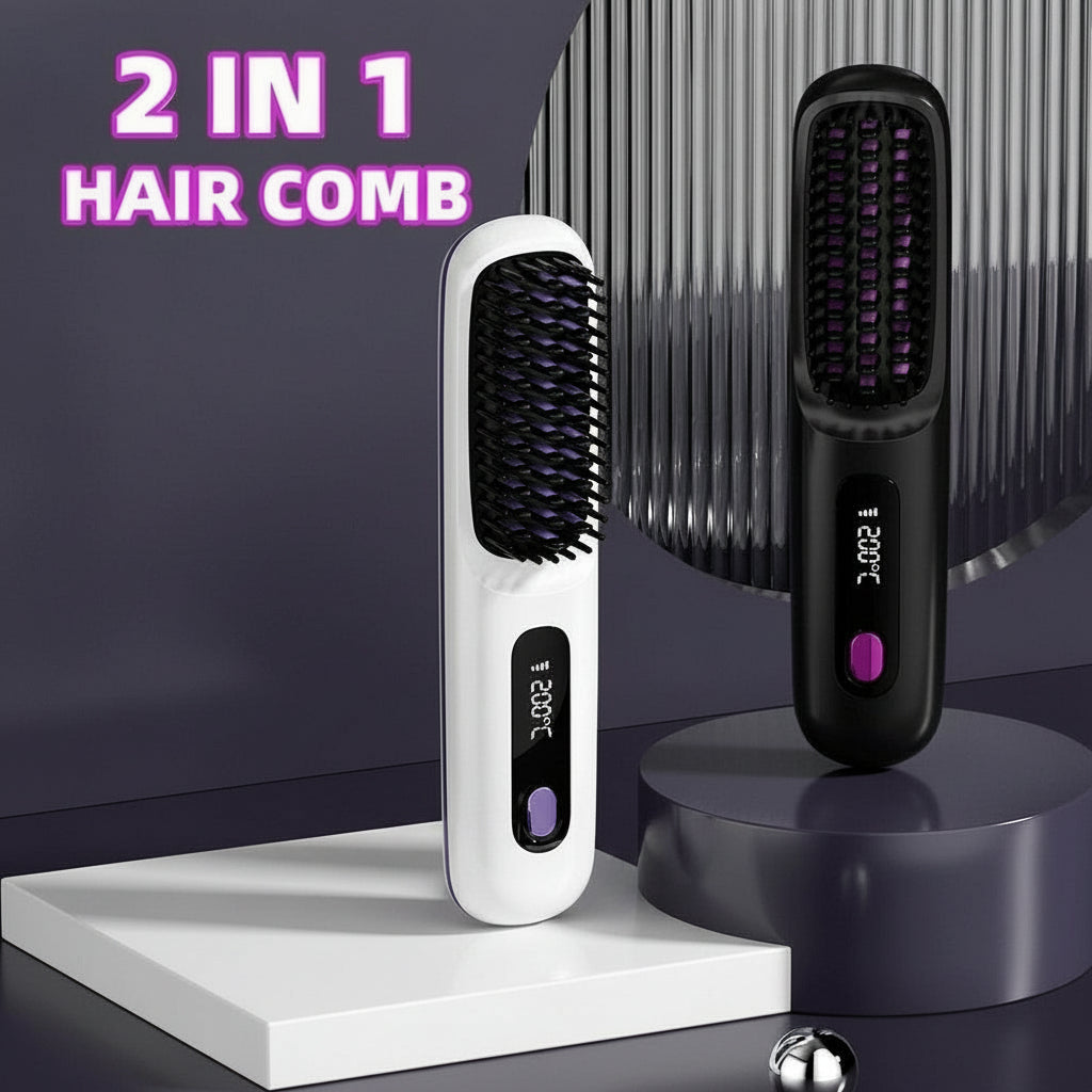 2 In 1 Straight Hair Comb Wireless Hair Straightener Brush Hair Fast Heating Portable Hot Curler USB Charging