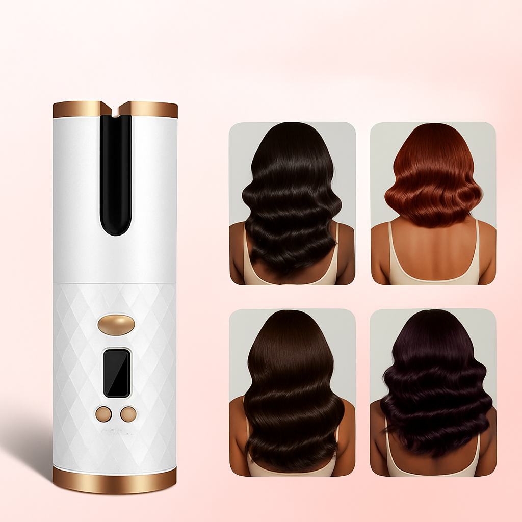 Cordless Automatic Hair Curler – Rechargeable Rotating Curling Iron with LCD Display